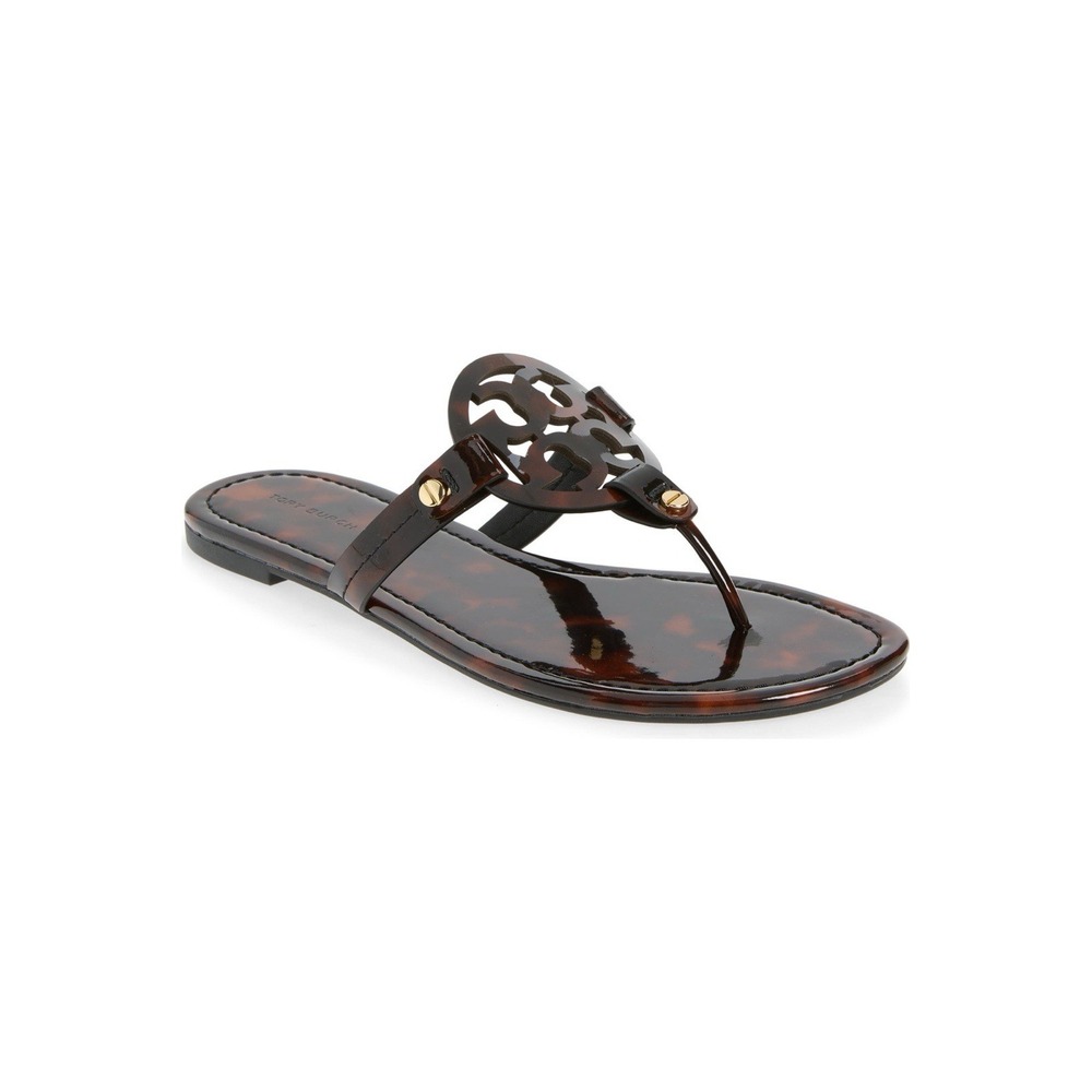 Tory Burch Miller Thong Sandals Women's Size 9 Tortoise Patent Brown Logo Flats